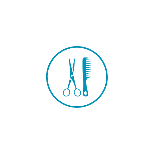 Icon of scissors and comb inside a circular border on a transparent background.