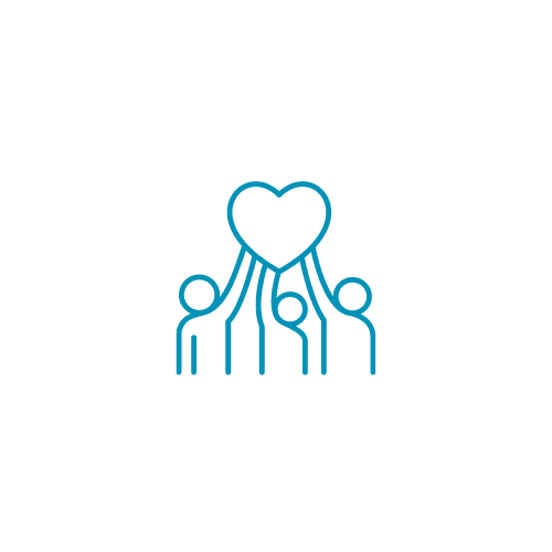 Three figures holding up a heart symbol, representing community or teamwork in a minimalist design.
